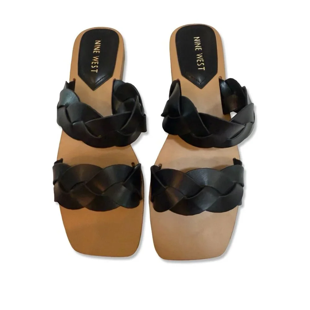 Nine West Womens Braided Black Slide Sandals Double Strap 8.5‎